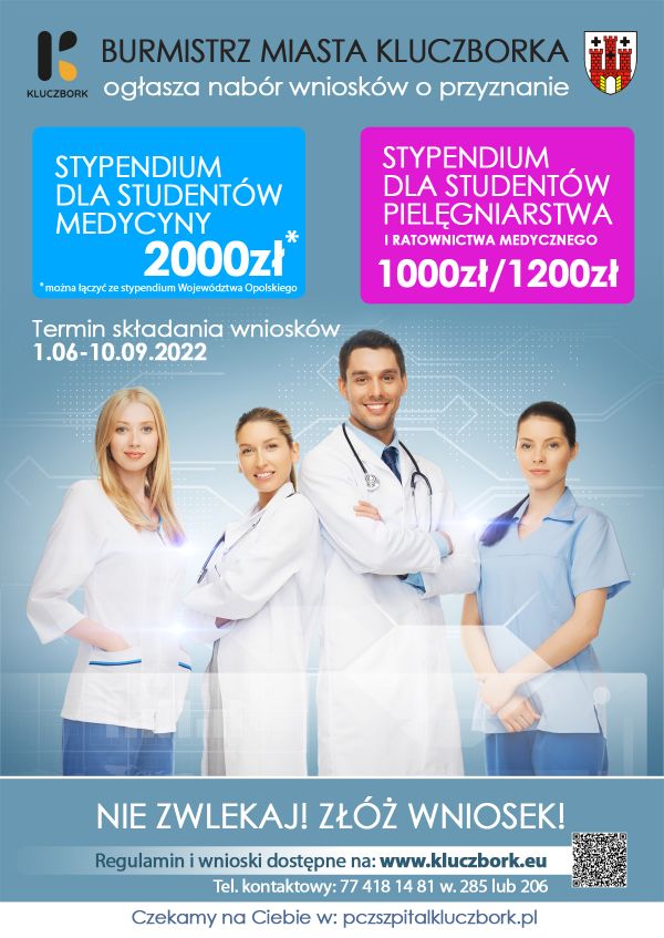 plakat Stypendia dla studentów kierunków medycznych, pielęgniarstwa lub ratownictwa medycznego