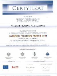 Certyfikat "Zachowaj Trzeźwy Umysł 2008" dla Miasta i Gminy Kluczbork